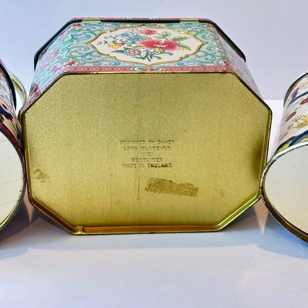 Vintage Metal Tins Set 3 Floral Chinoiserie Storage Boxes England USA Small